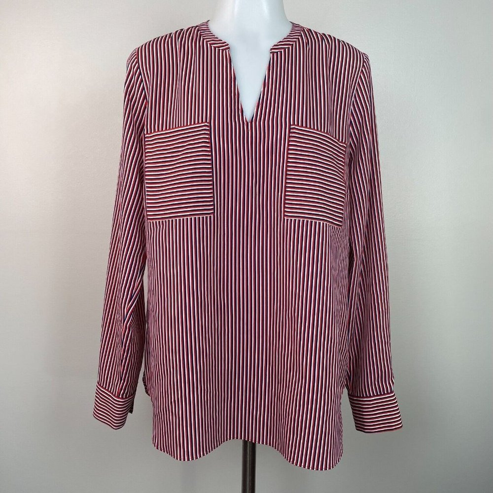 Cabi Top Medium Red‎ Blue White Striped Franklin Popover Blouse Women's
